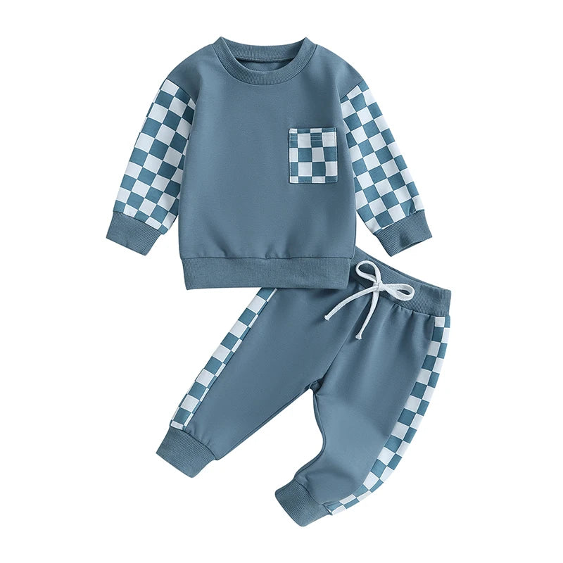 Autumn Baby Boy Checkerboard Outfit Set – Sweatshirt & Pants