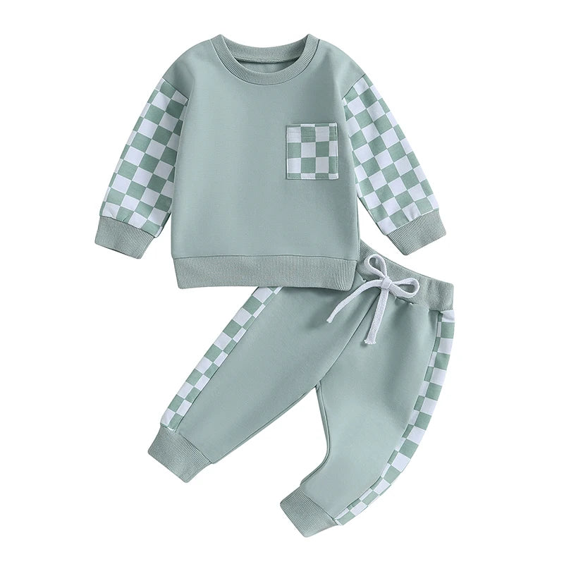 Autumn Baby Boy Checkerboard Outfit Set – Sweatshirt & Pants
