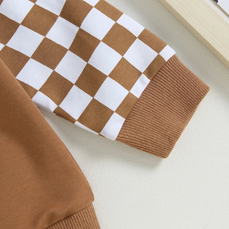 Autumn Baby Boy Checkerboard Outfit Set – Sweatshirt & Pants