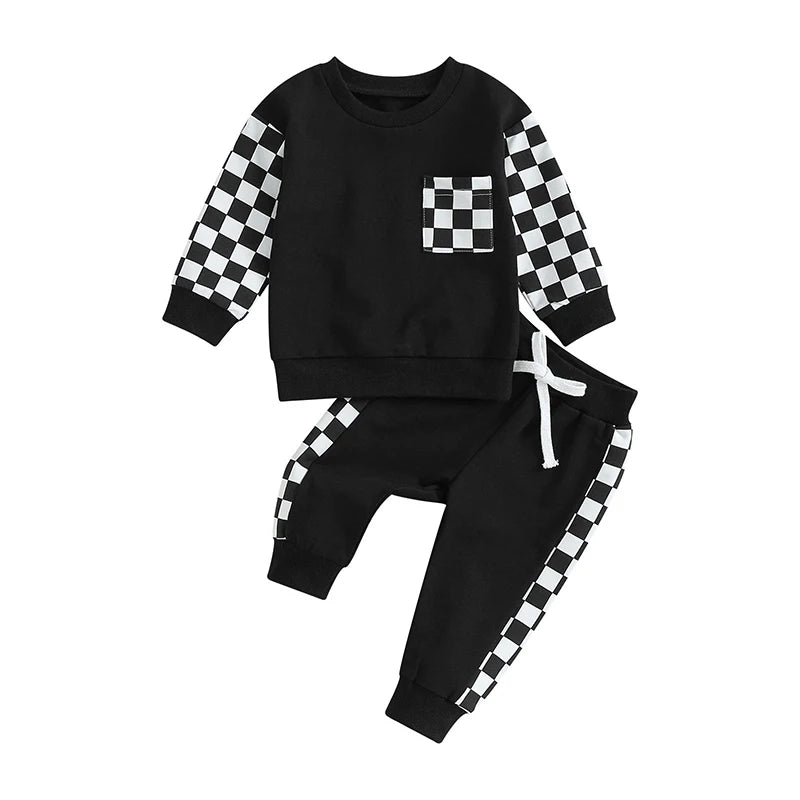 Autumn Baby Boy Checkerboard Outfit Set – Sweatshirt & Pants