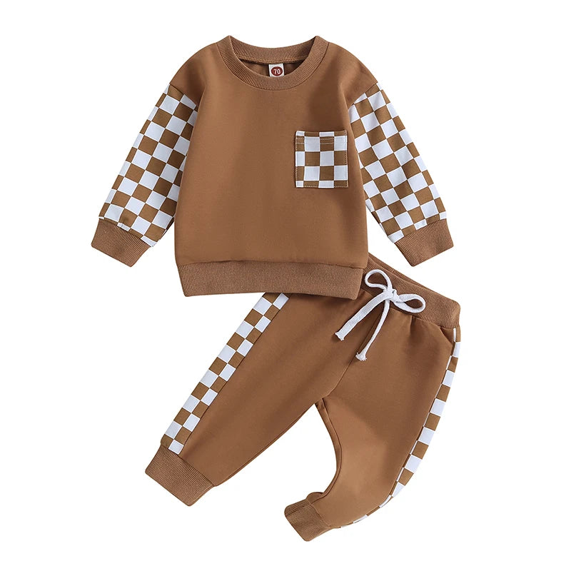 Autumn Baby Boy Checkerboard Outfit Set – Sweatshirt & Pants