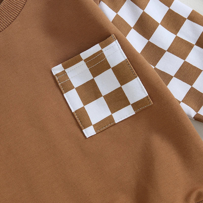 Autumn Baby Boy Checkerboard Outfit Set – Sweatshirt & Pants