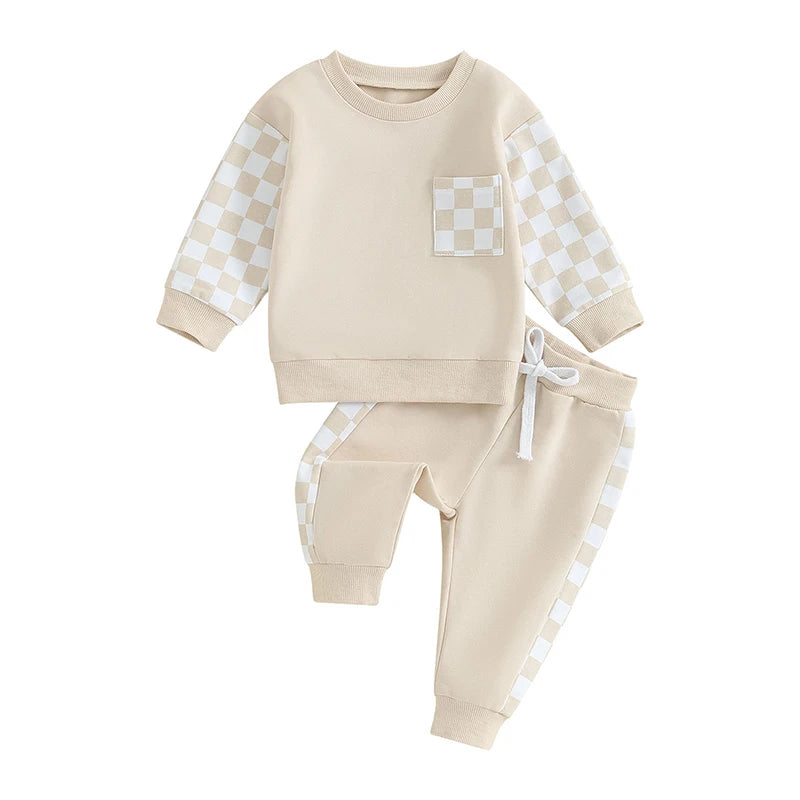 Autumn Baby Boy Checkerboard Outfit Set – Sweatshirt & Pants