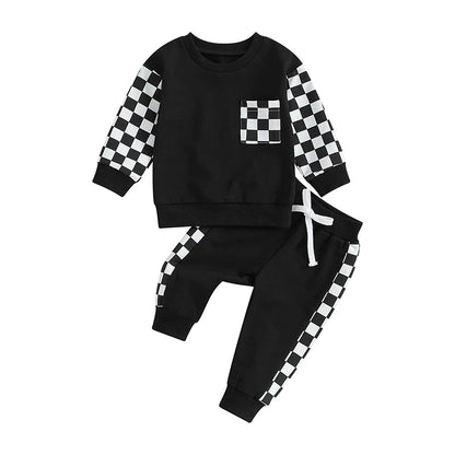 Autumn Baby Boy Checkerboard Outfit Set – Sweatshirt & Pants