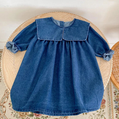 Girls Denim Lapel Dress – Autumn Outfit for 0–6 Years Sisters