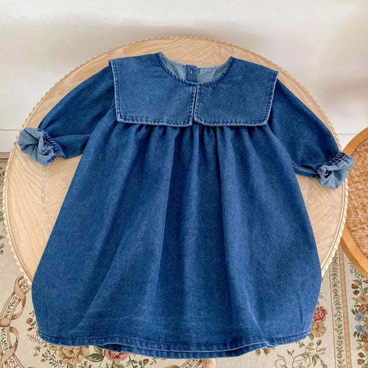 Girls Denim Lapel Dress – Autumn Outfit for 0–6 Years Sisters
