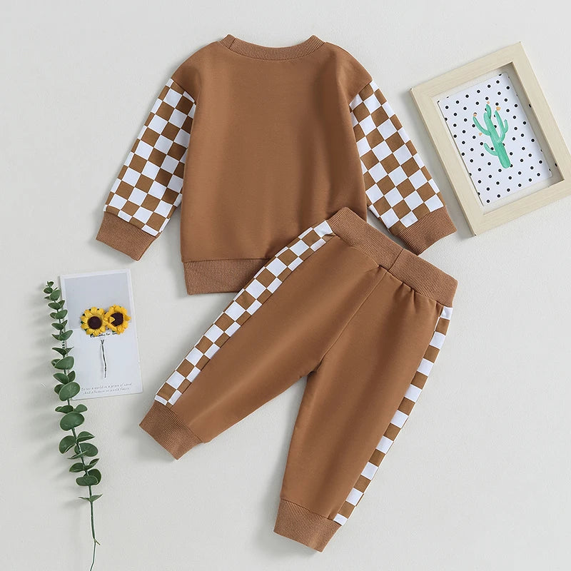 Autumn Baby Boy Checkerboard Outfit Set – Sweatshirt & Pants