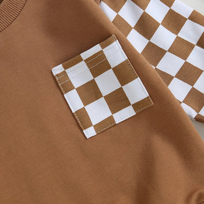 Autumn Baby Boy Checkerboard Outfit Set – Sweatshirt & Pants
