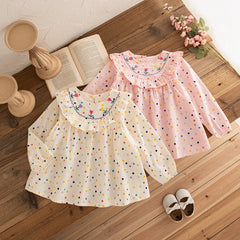Autumn Baby Clothes Girl Long Sleeved New Round Neck Children Clothes Sweet Flower Embroidery Fashion Girl Tops