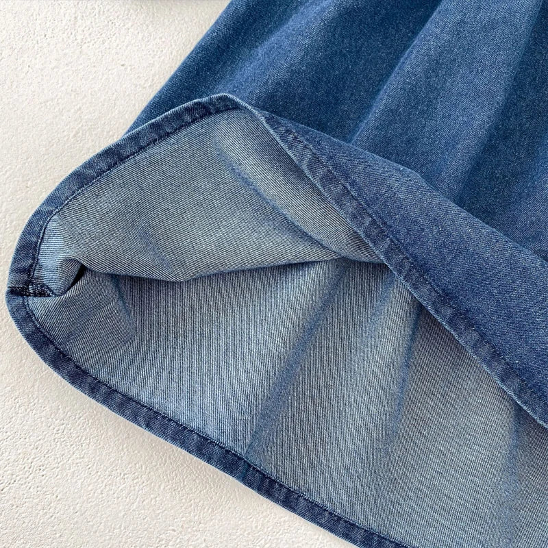 Girls Denim Lapel Dress – Autumn Outfit for 0–6 Years Sisters