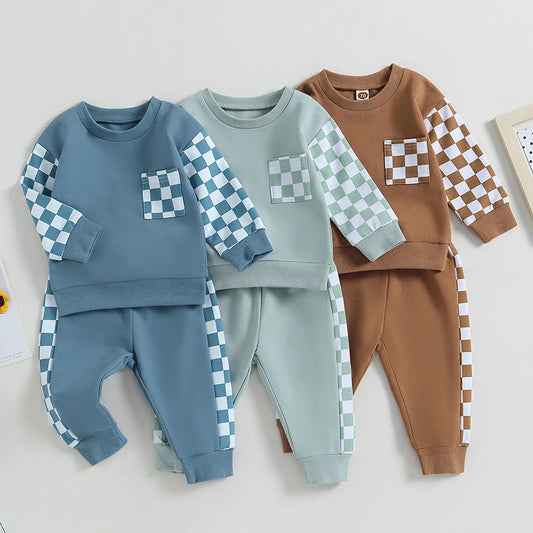 Autumn Baby Boy Checkerboard Outfit Set – Sweatshirt & Pants