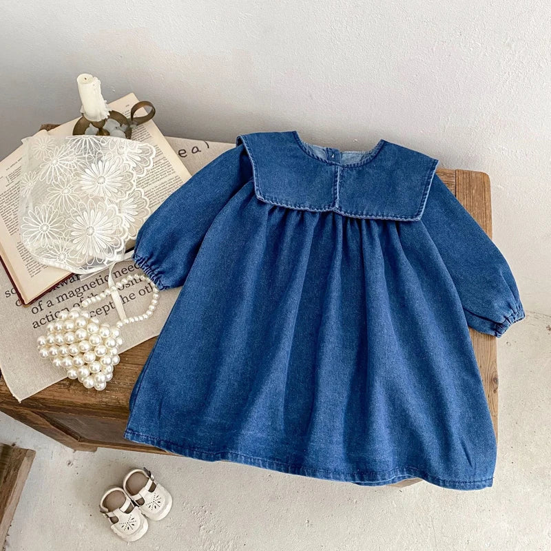 Girls Denim Lapel Dress – Autumn Outfit for 0–6 Years Sisters