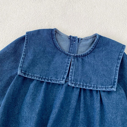 Girls Denim Lapel Dress – Autumn Outfit for 0–6 Years Sisters