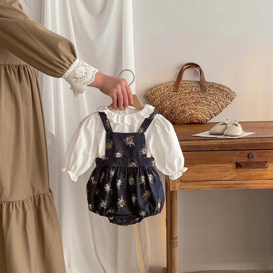 Autumn Baby Girls Clothes 0-2 Years Old Infant Suit Newborn Baby White Shirt with Floral Romper Two Piece Set