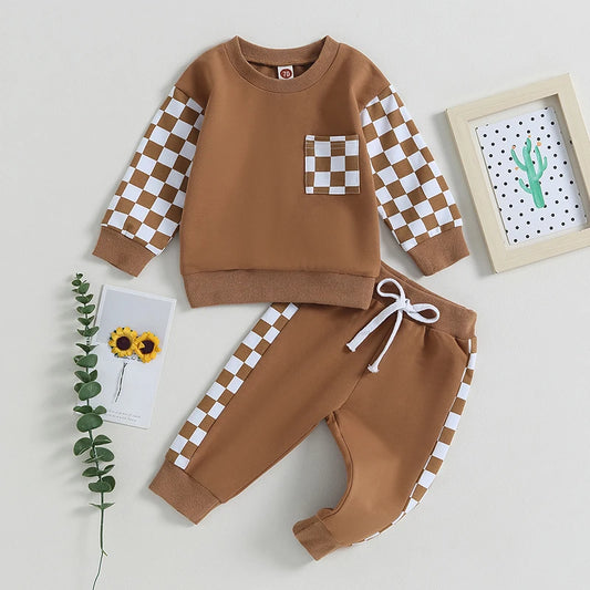 Autumn Baby Boy Checkerboard Outfit Set – Sweatshirt & Pants