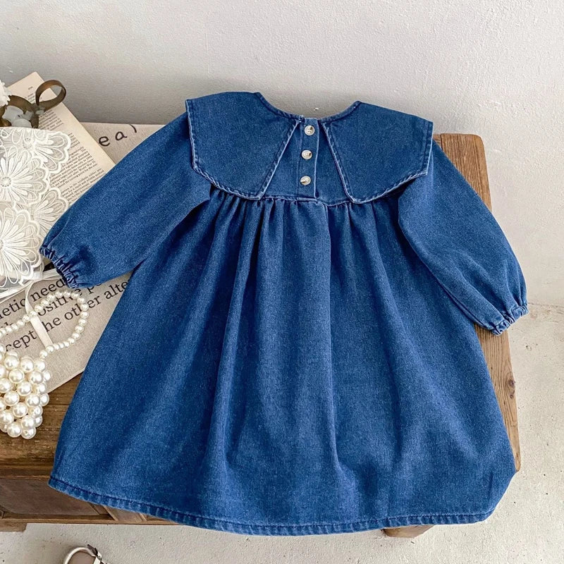 Girls Denim Lapel Dress – Autumn Outfit for 0–6 Years Sisters