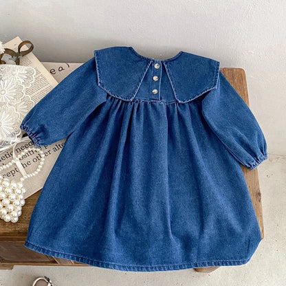 Girls Denim Lapel Dress – Autumn Outfit for 0–6 Years Sisters