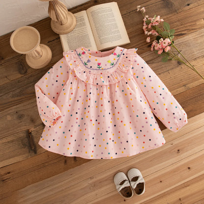 Autumn Baby Clothes Girl Long Sleeved New Round Neck Children Clothes Sweet Flower Embroidery Fashion Girl Tops