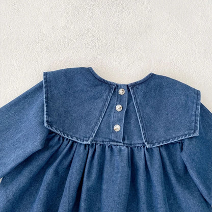 Girls Denim Lapel Dress – Autumn Outfit for 0–6 Years Sisters