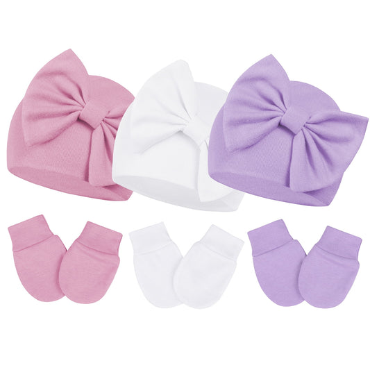 Infant Hat and Mitten Set Beanie Bow Baby Caps Newborn Caps with No Scratch Mittens Set Pink& White& Purple 0-6 Months - Aura-Stores.com